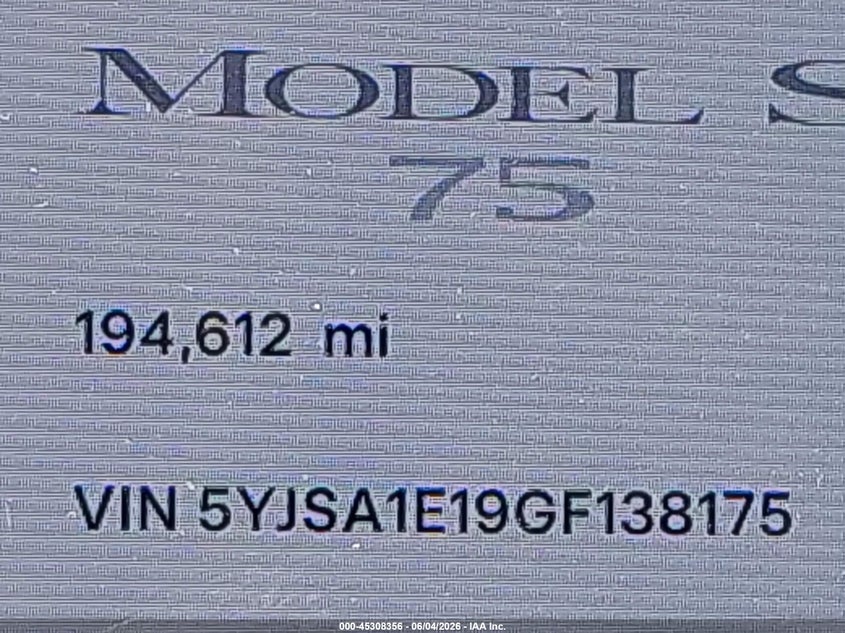 2016 Tesla Model s VIN 5YJSA1E19GF138175 IAAI salvage auction — REAR END, Salvage Title, sold $3,050 on 2026-08-23 (photo 7)