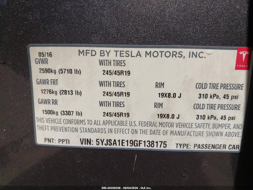 2016 Tesla Model s VIN 5YJSA1E19GF138175 IAAI salvage auction — REAR END, Salvage Title, sold $3,050 on 2026-08-23 (photo 9)