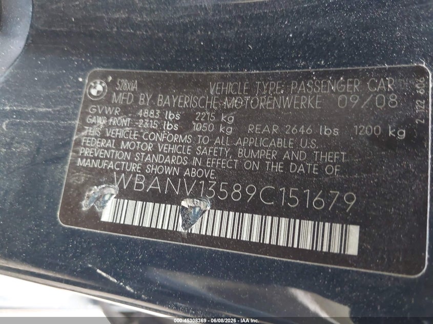 2009 BMW 5er VIN WBANV13589C151679 IAAI salvage auction — ELECTRICAL, Clear (Virginia), sold $325 on 2026-07-30 (photo 9)