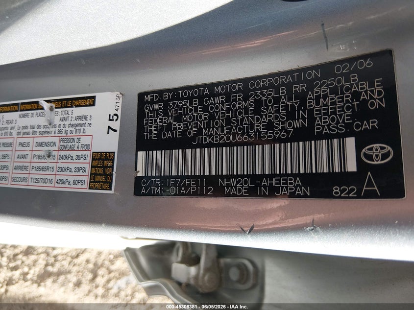 2006 Toyota Prius VIN JTDKB20U663155967 IAAI salvage auction — UNKNOWN, Clear (Colorado), sold $800 on 2026-07-14 (photo 9)