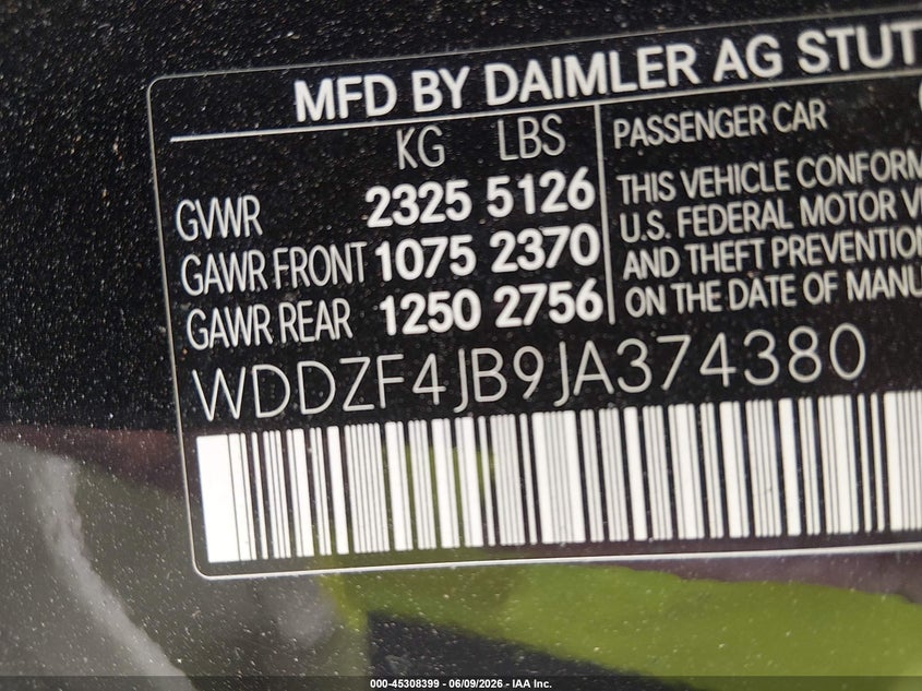 2018 Mercedes-benz E-klasse VIN WDDZF4JB9JA374380 IAAI salvage auction — FRONT & REAR, Salvage (North Carolina), sold $9,600 on 2026-07-29 (photo 9)