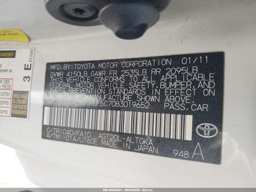 2011 Scion Tc VIN JTKJF5C70B3019652 IAAI salvage auction — RIGHT SIDE, Salvage (Texas), sold $550 on 2026-07-29 (photo 9)