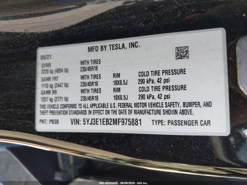 2021 Tesla Model 3 VIN 5YJ3E1EB2MF975881 IAAI salvage auction — REAR END, Salvage (New Jersey), sold $10,200 on 2026-07-30 (photo 9)
