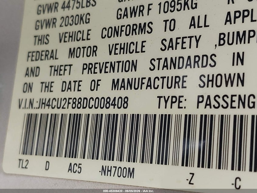 2013 Acura Tsx VIN JH4CU2F88DC008408 IAAI salvage auction — FRONT & REAR, Salvage Title, sold $2,350 on 2026-07-14 (photo 9)