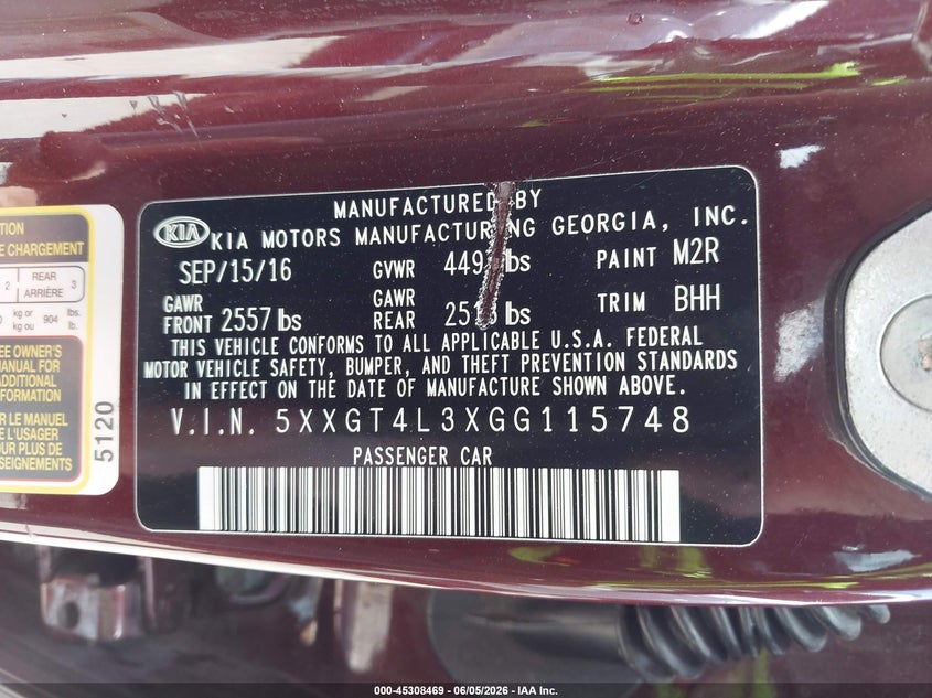 2016 Kia Optima VIN 5XXGT4L3XGG115748 IAAI salvage auction — LEFT FRONT, Salvage Title, sold $2,200 on 2026-07-09 (photo 9)