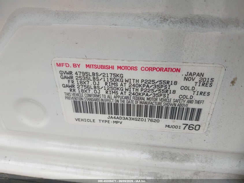2016 Mitsubishi Outlander VIN JA4AD3A3XGZ017620 IAAI salvage auction — FRONT END, Salvage Title, sold $1,450 on 2026-07-14 (photo 9)