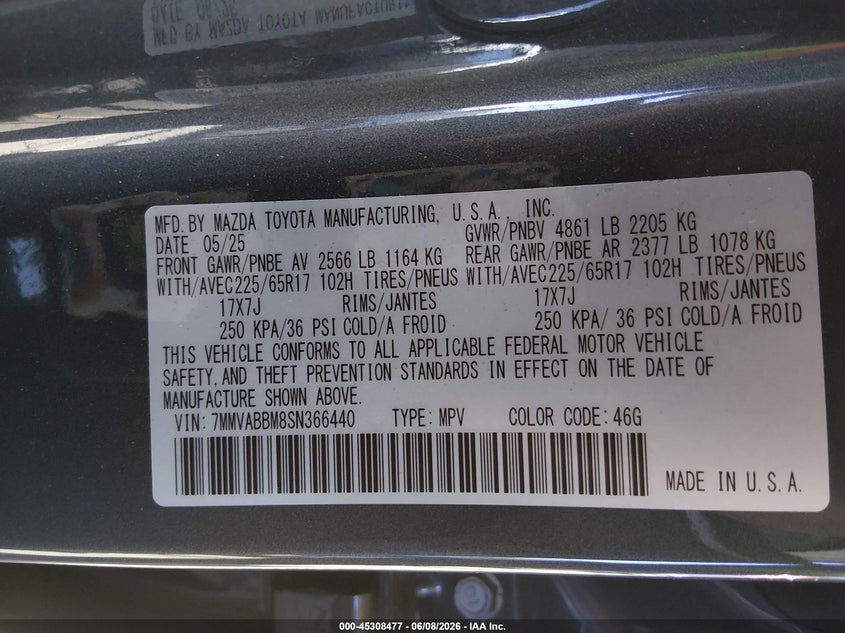 2025 Mazda Cx-50 VIN 7MMVABBM8SN366440 IAAI salvage auction — REAR END, Salvage Title, sold $9,450 on 2026-07-16 (photo 9)