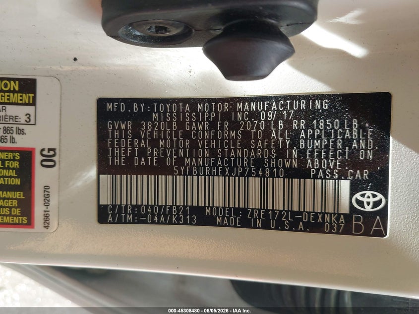 2018 Toyota Corolla VIN 5YFBURHEXJP754810 IAAI salvage auction — FRONT END, Salvage Title, sold $775 on 2026-07-08 (photo 9)