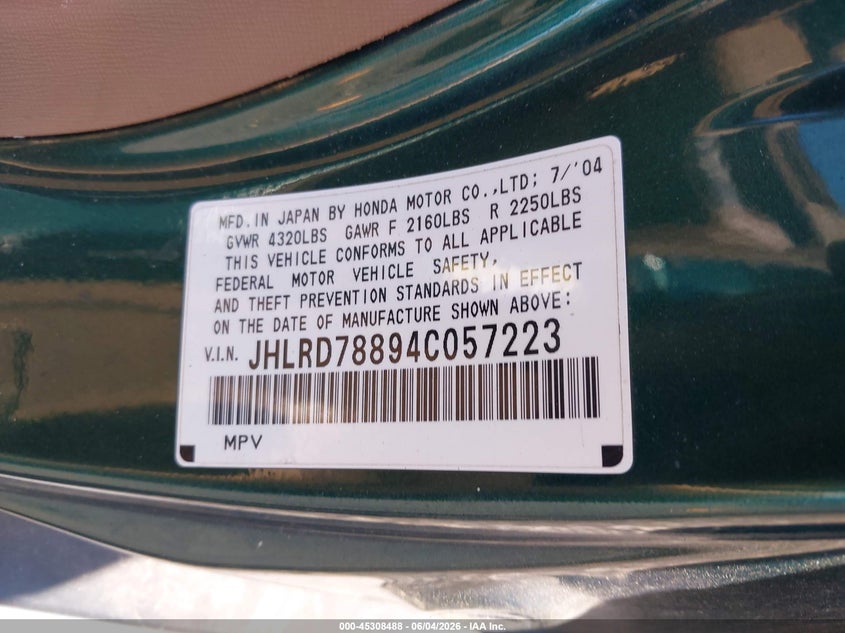 2004 Honda Cr-v VIN JHLRD78894C057223 IAAI salvage auction — NORMAL WEAR, Clear (New Jersey), sold $1,050 on 2026-07-07 (photo 9)