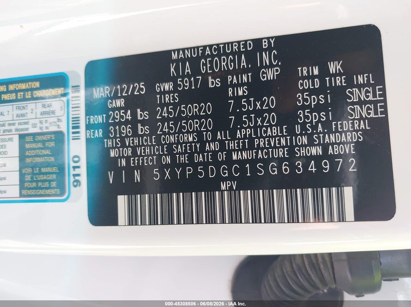 2025 Kia Telluride VIN 5XYP5DGC1SG634972 IAAI salvage auction — FRONT END, Salvage Title, sold $23,600 on 2026-07-09 (photo 9)
