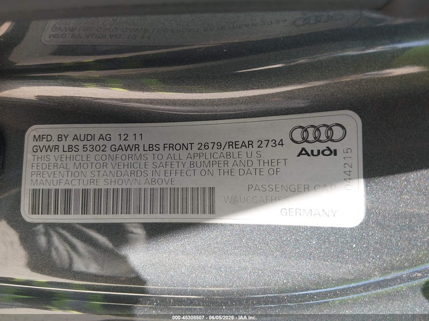 2012 Audi S5 VIN WAUCGAFH5CN004982 IAAI salvage auction — NORMAL WEAR, Clear (New Jersey), sold $750 on 2026-07-14 (photo 9)