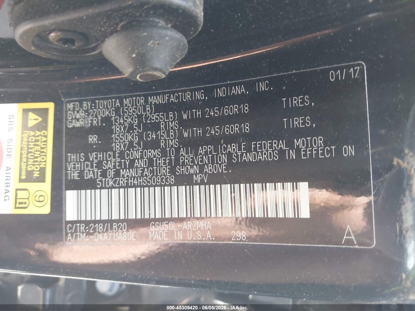2017 Toyota Highlander VIN 5TDKZRFH4HS509338 IAAI salvage auction — BIOHAZARD/CHEMICAL, Salvage Title, sold $4,850 on 2026-07-16 (photo 9)
