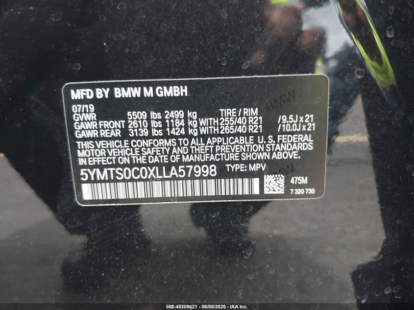 2020 BMW X3 m VIN 5YMTS0C0XLLA57998 IAAI salvage auction — FRONT & REAR, Certificate Of Destruction (Florida), sold $12,000 on 2026-07-30 (photo 9)