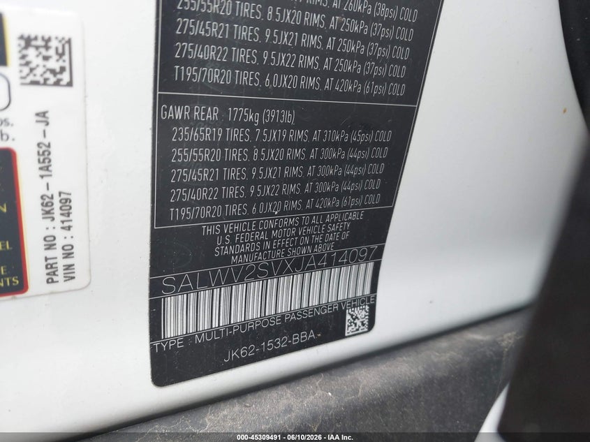 2018 Land rover Range rover sport VIN SALWV2SVXJA414097 IAAI salvage auction — FRONT END, Salvage Title, sold $7,625 on 2026-07-15 (photo 9)