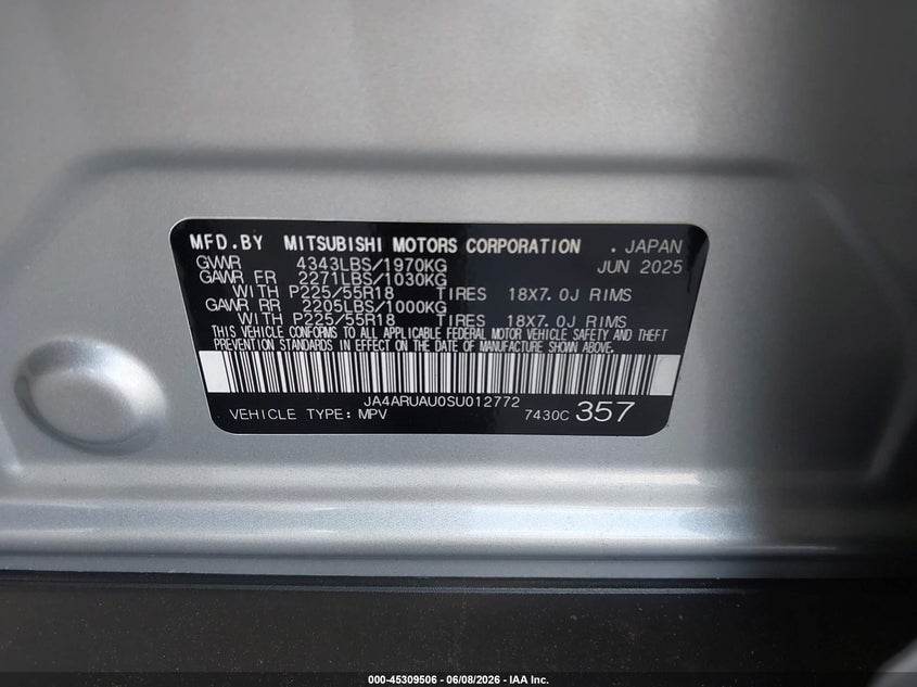 2025 Mitsubishi Outlander VIN JA4ARUAU0SU012772 IAAI salvage auction — LEFT FRONT, Salvage Title, sold $5,000 on 2026-07-29 (photo 9)
