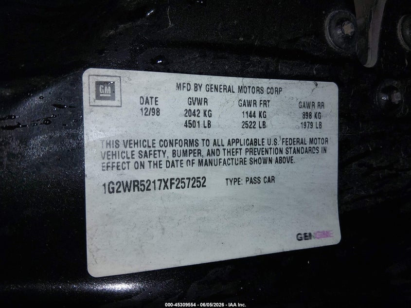 1999 Pontiac Grand prix VIN 1G2WR5217XF257252 IAAI salvage auction — REAR END, Salvage (Idaho), sold $100 on 2026-07-17 (photo 9)