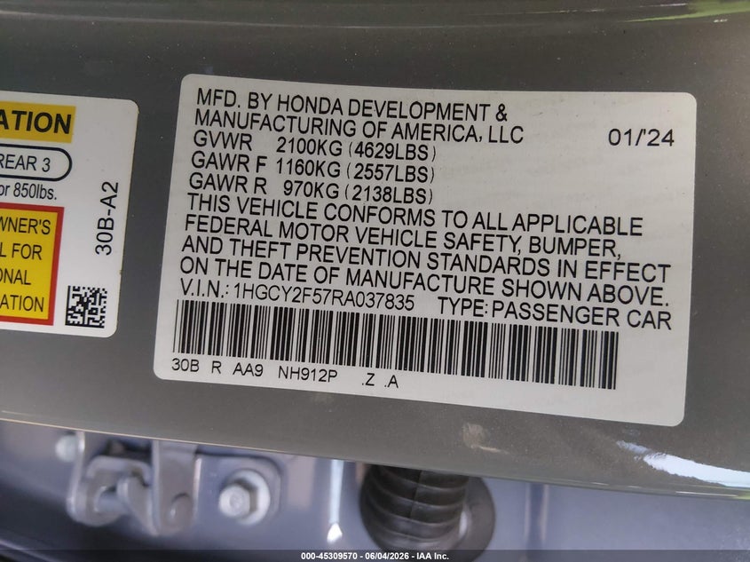 2024 Honda Accord VIN 1HGCY2F57RA037835 IAAI salvage auction — REAR END, Salvage Title, sold $9,400 on 2026-07-29 (photo 9)