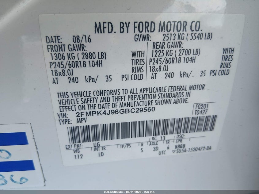 2016 Ford Edge VIN 2FMPK4J96GBC29560 IAAI salvage auction — REAR END, Salvage (South Carolina), sold $225 on 2026-07-23 (photo 9)