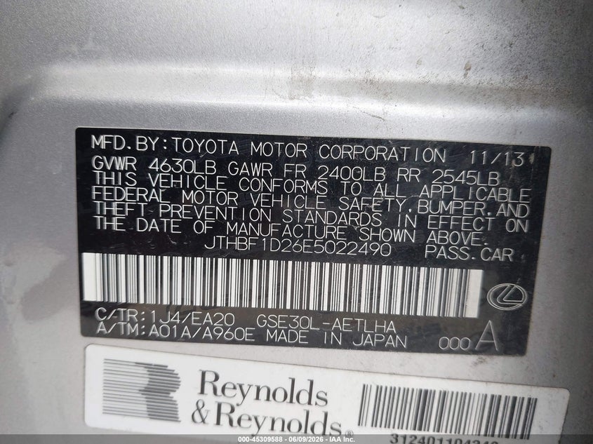 2014 Lexus Is VIN JTHBF1D26E5022490 IAAI salvage auction — FRONT & REAR, Salvage Title, sold $1,350 on 2026-07-09 (photo 9)