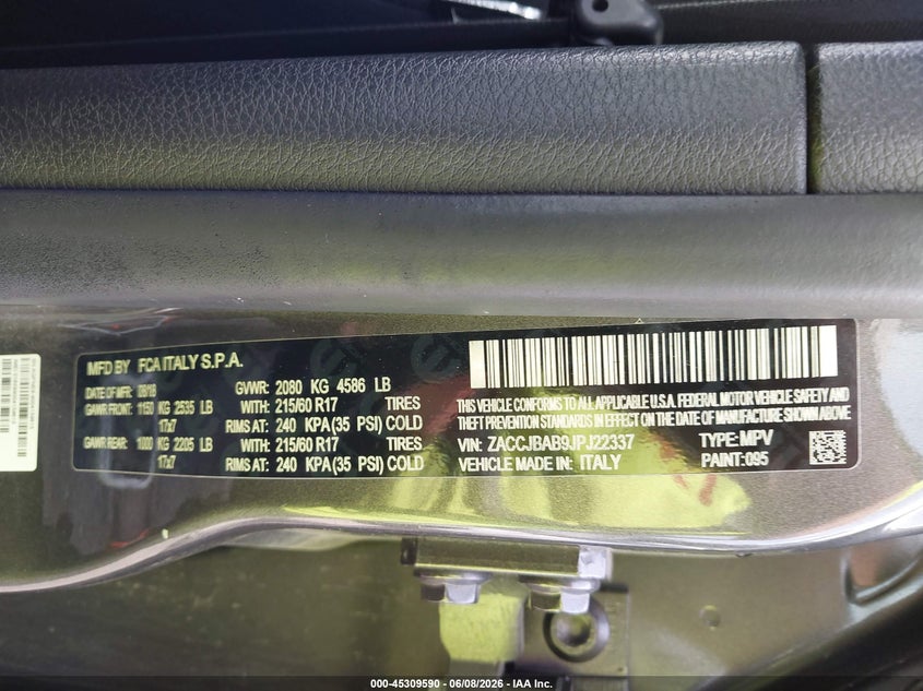 2018 Jeep Renegade VIN ZACCJBAB9JPJ22337 IAAI salvage auction — REAR END, Salvage (Ohio), sold $25 on 2026-07-27 (photo 9)
