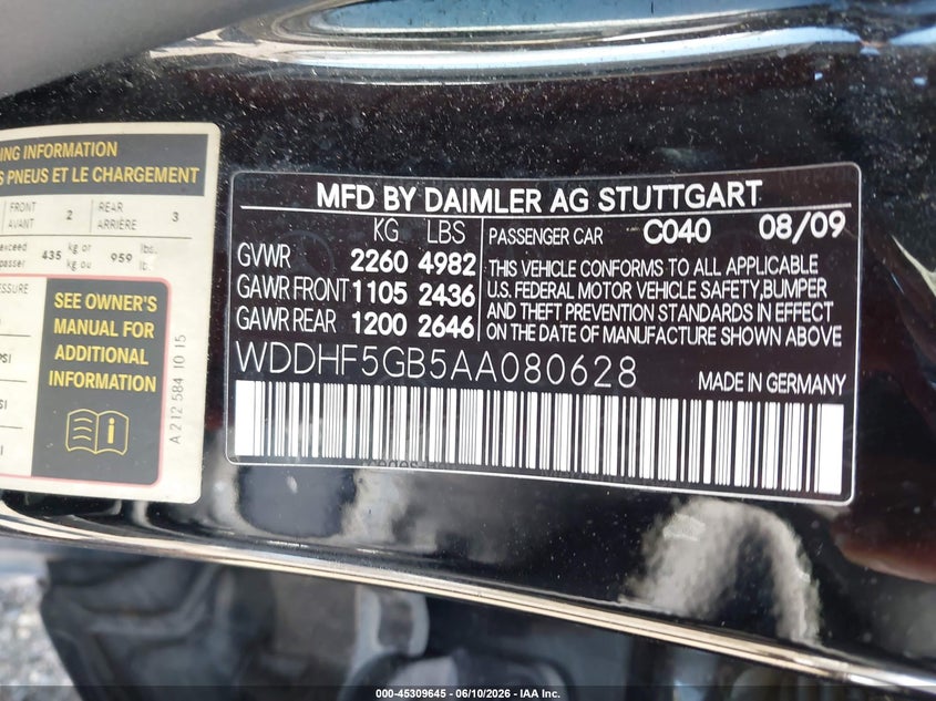 2010 Mercedes-benz E-class VIN WDDHF5GB5AA080628 IAAI salvage auction — FRONT & REAR, Nrc Lienholder Repossession Paperwork (Mississippi), sold $275 on 2026-07-08 (photo 9)