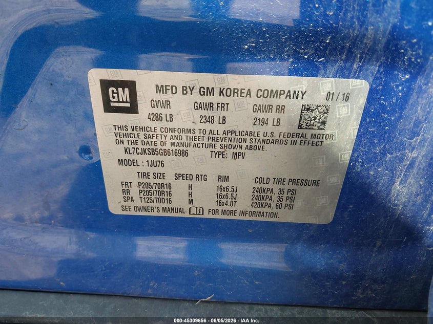 2016 Chevrolet Trax VIN KL7CJKSB5GB616986 IAAI salvage auction — FRONT END, Salvage Title, sold $750 on 2026-07-21 (photo 9)
