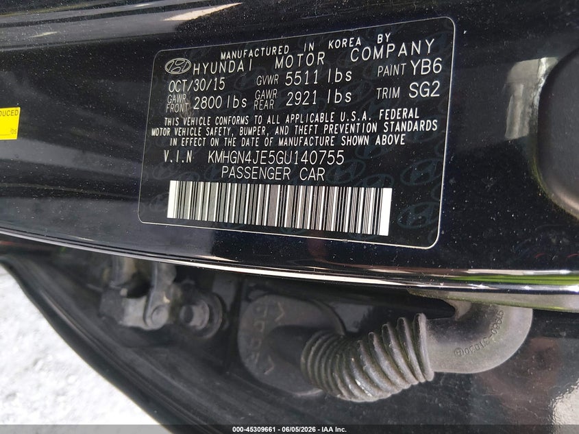 2016 Hyundai Genesis VIN KMHGN4JE5GU140755 IAAI salvage auction — LEFT FRONT, Salvage - Greater Than 75% (Maryland), sold $3,000 on 2026-07-30 (photo 9)