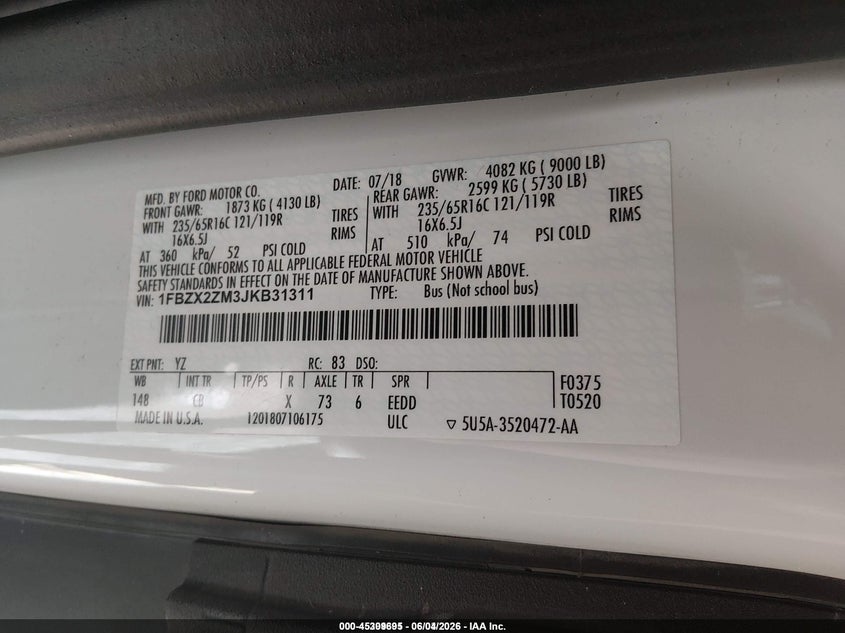 2018 Ford Transit-350 VIN 1FBZX2ZM3JKB31311 IAAI salvage auction — LEFT REAR, Sf97 (Alaska), sold $24,200 on 2026-07-07 (photo 9)