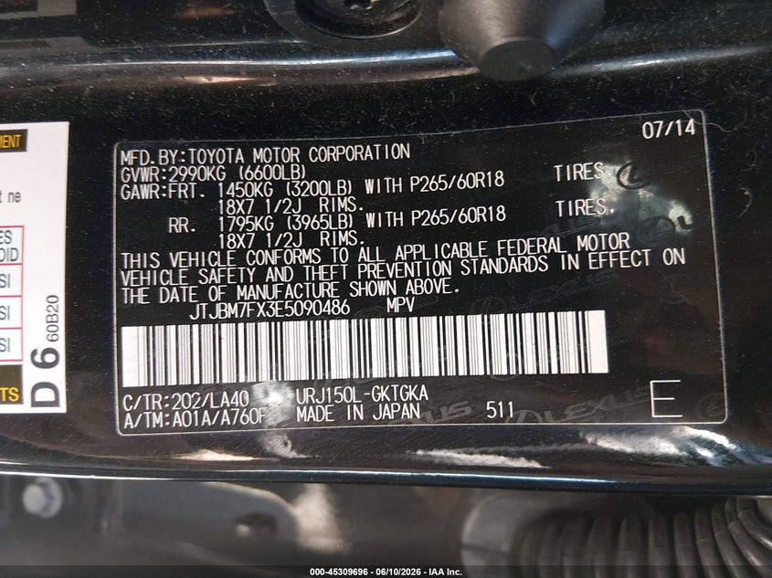 2014 Lexus Gx VIN JTJBM7FX3E5090486 IAAI salvage auction — FRONT END, Salvage (Colorado), sold $8,400 on 2026-07-11 (photo 9)