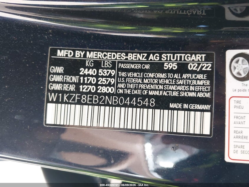 2022 Mercedes-benz E-klasse VIN W1KZF8EB2NB044548 IAAI salvage auction — FRONT END, Salvage Title, sold $6,900 on 2026-07-25 (photo 9)