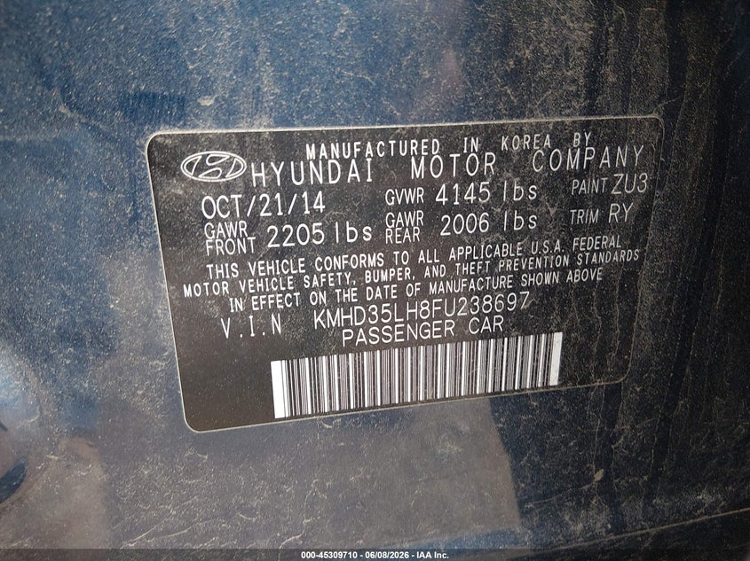 2015 Hyundai Elantra VIN KMHD35LH8FU238697 IAAI salvage auction — RIGHT SIDE, Salvage Title, sold $1,100 on 2026-07-29 (photo 9)