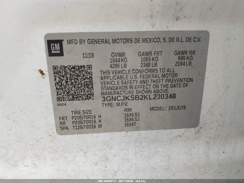 2019 Chevrolet Trax VIN 3GNCJKSB2KL230348 IAAI salvage auction — REAR END, Salvage Title, sold $1,975 on 2026-09-02 (photo 9)