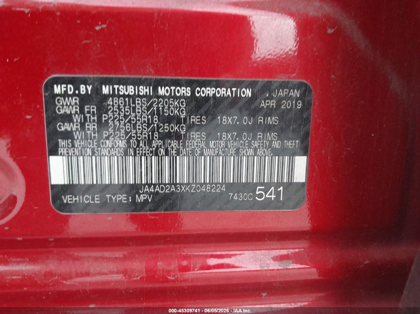 2019 Mitsubishi Outlander VIN JA4AD2A3XKZ048224 IAAI salvage auction — FRONT END, Salvage Title, sold $3,400 on 2026-07-16 (photo 9)