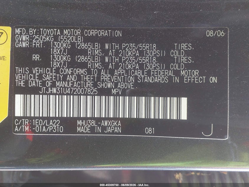 2007 Lexus Rx 400h VIN JTJHW31U472007825 IAAI salvage auction — NORMAL WEAR, Clear (New Jersey), sold $625 on 2026-07-09 (photo 9)