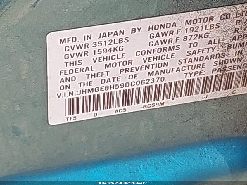 2013 Honda Fit VIN JHMGE8H59DC062370 IAAI salvage auction — FRONT & REAR, Salvage Title, sold $1,400 on 2026-07-14 (photo 9)