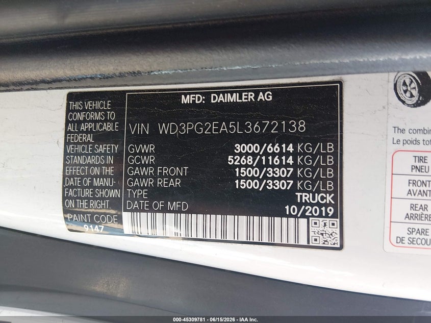 2020 Mercedes-benz Metris VIN WD3PG2EA5L3672138 IAAI salvage auction — RIGHT REAR, Salvage (Illinois), sold $4,350 on 2026-07-29 (photo 9)