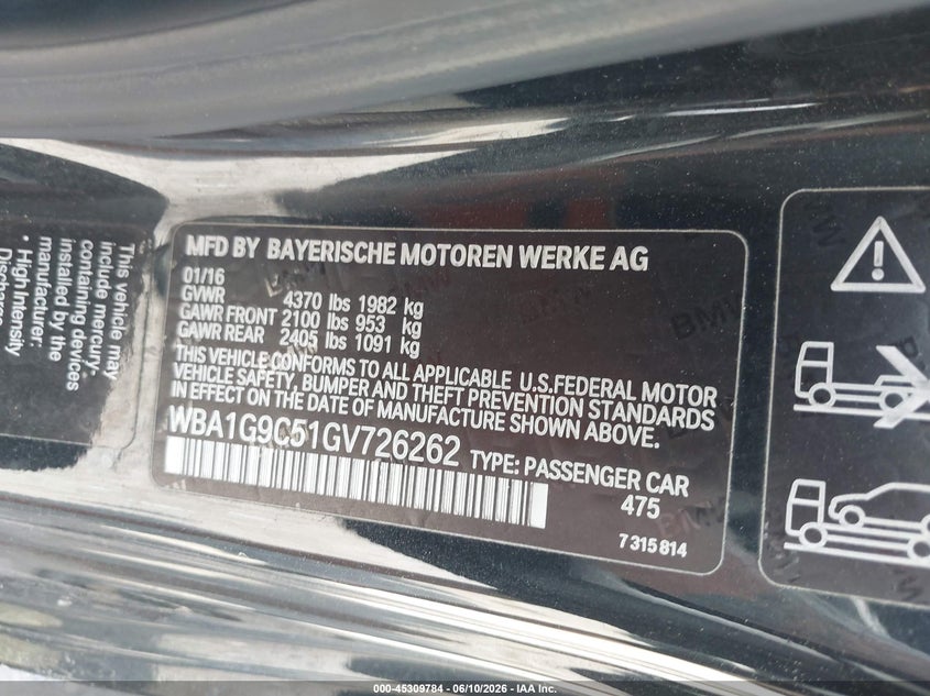 2016 BMW 2er VIN WBA1G9C51GV726262 IAAI salvage auction — SIDE, Salvage Title, sold $1,900 on 2026-07-09 (photo 9)