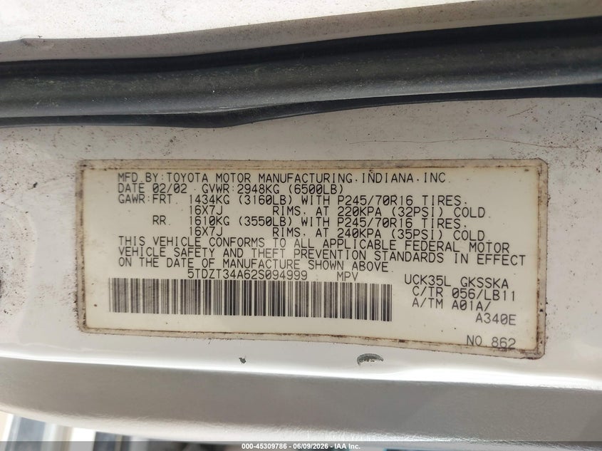 2002 Toyota Sequoia VIN 5TDZT34A62S094999 IAAI salvage auction — FRONT END, Salvage (Texas), sold $825 on 2026-07-24 (photo 9)