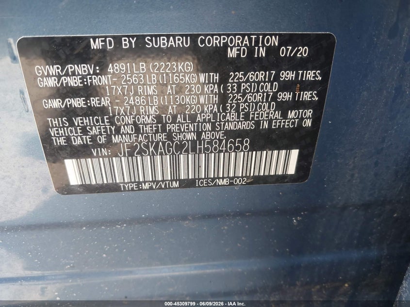 2020 Subaru Forester VIN JF2SKAGC2LH584658 IAAI salvage auction — HAIL, Salvage Title, sold $7,400 on 2026-07-14 (photo 9)