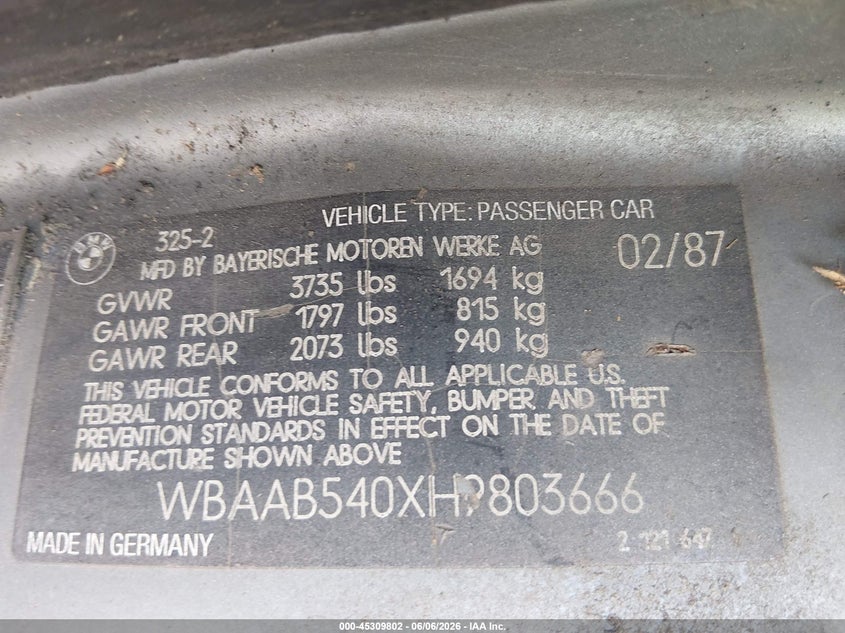 1987 BMW 3er VIN WBAAB540XH9803666 IAAI salvage auction — NORMAL WEAR, Clear-Dealer Only (North Carolina), sold $325 on 2026-07-20 (photo 9)
