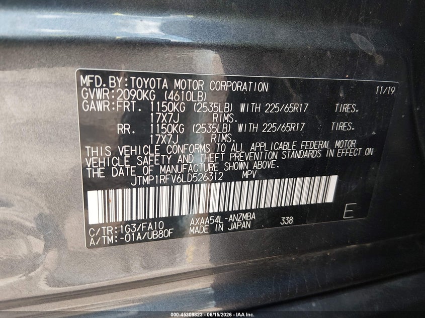 2020 Toyota Rav 4 VIN JTMP1RFV6LD526312 IAAI salvage auction — FRONT END, Salvage (Idaho), sold $9,950 on 2026-07-09 (photo 9)