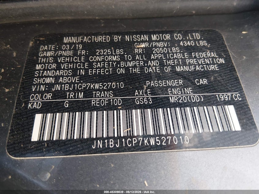 2019 Nissan Rogue VIN JN1BJ1CP7KW527010 IAAI salvage auction — FRONT END, Salvage Title, sold $650 on 2026-08-02 (photo 9)