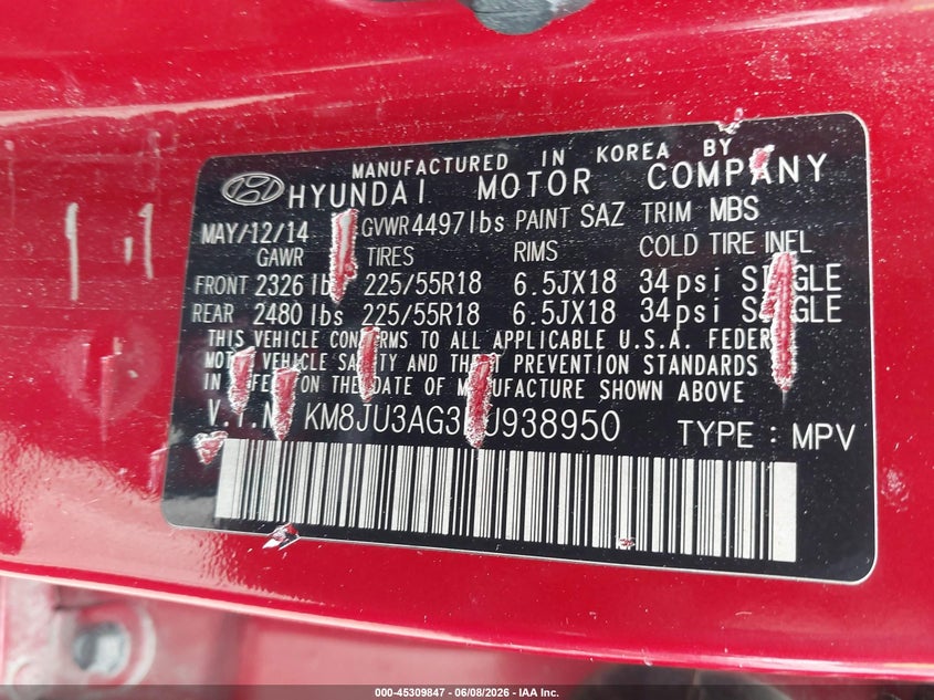 2014 Hyundai Tucson VIN KM8JU3AG3EU938950 IAAI salvage auction — FRONT END, Salvage Title, sold $800 on 2026-07-25 (photo 9)