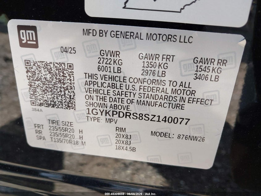 2025 Cadillac Xt6 VIN 1GYKPDRS8SZ140077 IAAI salvage auction — FRONT END, Wait Title, sold $15,800 on 2026-08-16 (photo 9)