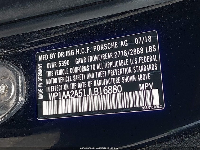 2018 Porsche Macan VIN WP1AA2A51JLB16880 IAAI salvage auction — FRONT END, Salvage Title, sold $9,700 on 2026-08-28 (photo 9)
