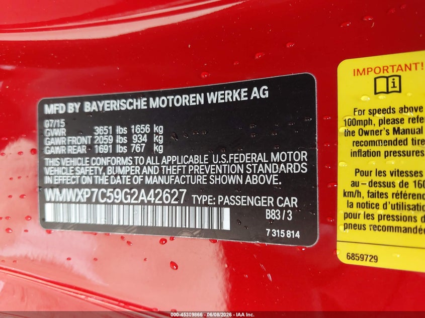 2016 Mini Hard top VIN WMWXP7C59G2A42627 IAAI salvage auction — FRONT END, Salvage Title, sold $1,950 on 2026-07-11 (photo 9)