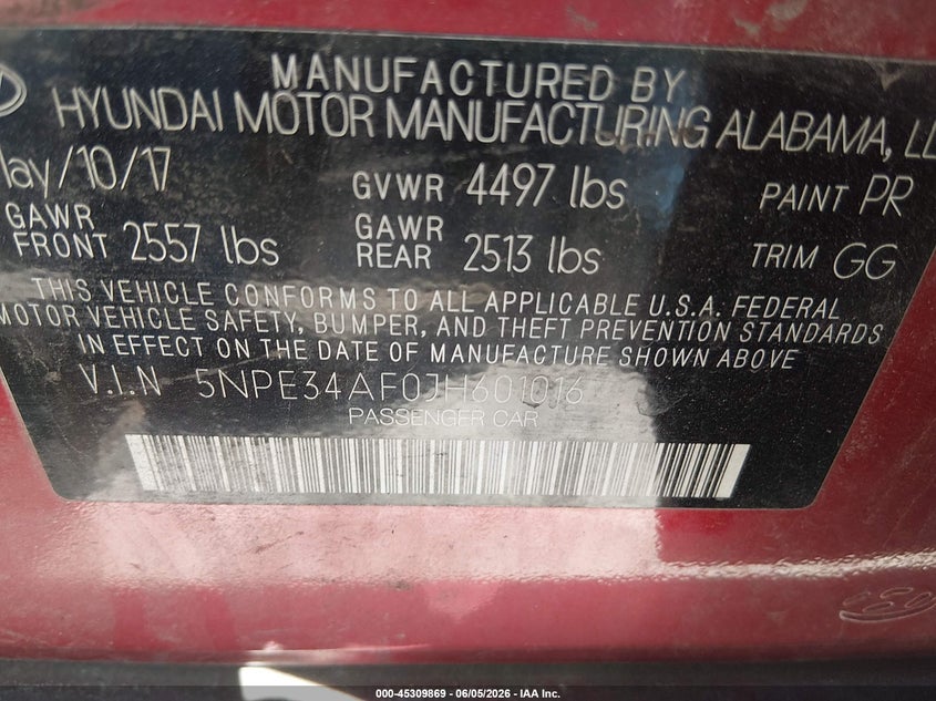 2018 Hyundai Sonata VIN 5NPE34AF0JH601016 IAAI salvage auction — RIGHT FRONT, Salvage Title, sold $2,800 on 2026-08-03 (photo 9)
