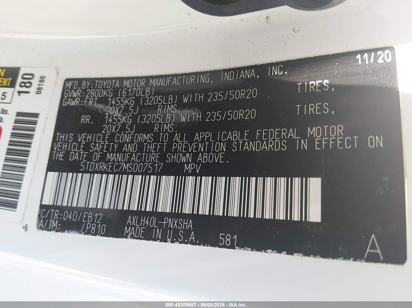 2021 Toyota Sienna VIN 5TDXRKEC7MS007517 IAAI salvage auction — STORM DAMAGE, Salvage (North Carolina), sold $14,800 on 2026-07-29 (photo 9)