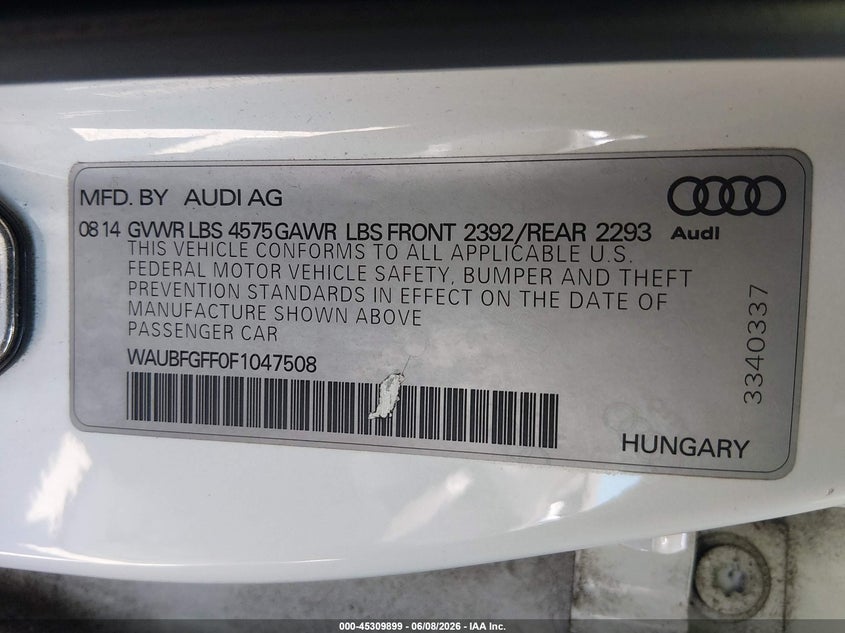 2015 Audi A3 VIN WAUBFGFF0F1047508 IAAI salvage auction — FRONT END, Salvage (New Jersey), sold $975 on 2026-07-20 (photo 9)