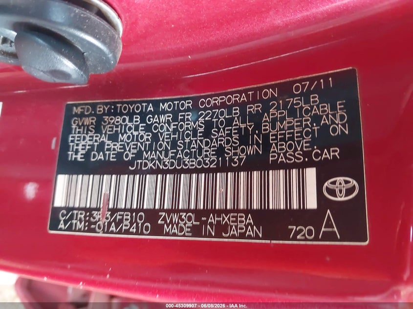 2011 Toyota Prius VIN JTDKN3DU3B0321137 IAAI salvage auction — NORMAL WEAR, Clear-Dealer Only (Arizona), sold $800 on 2026-07-28 (photo 9)